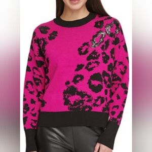 DKNY Womens Crew Neck Sequin Hot Pink Animal Print Sweater Size Large NWT